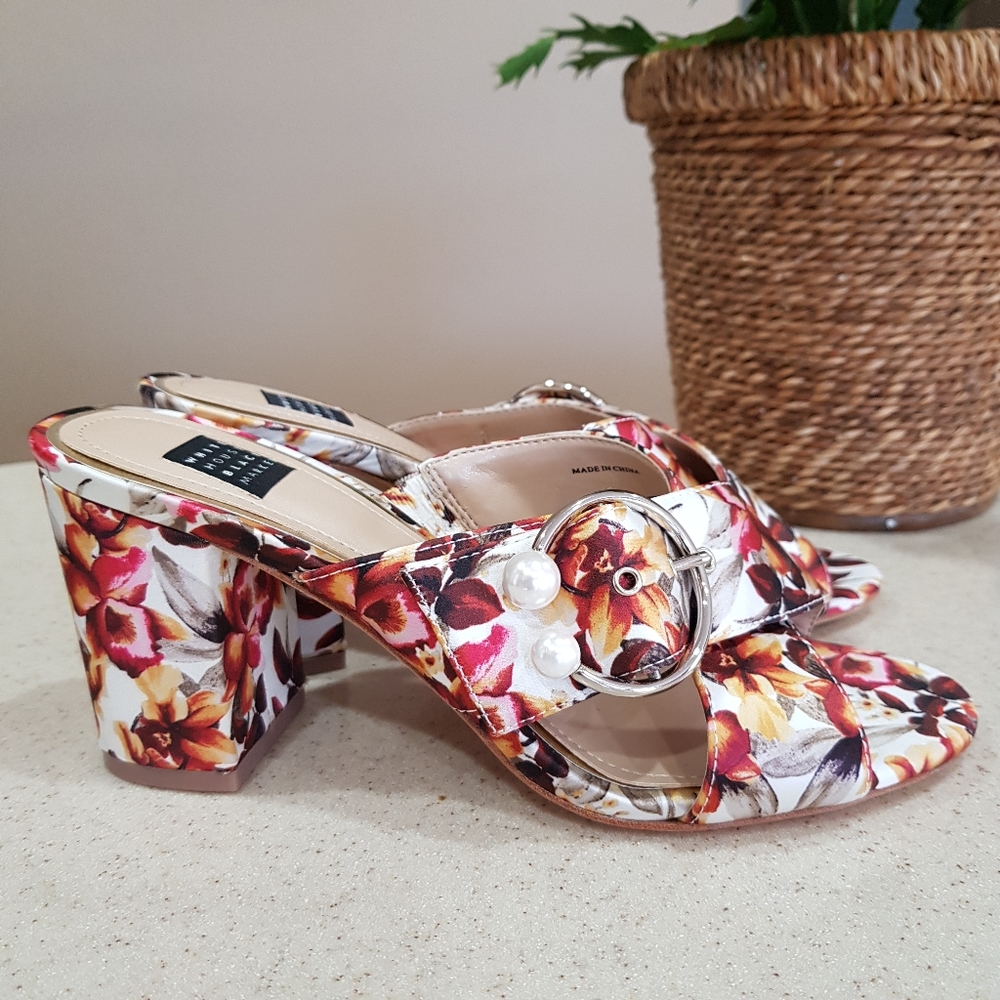 🎉HP🎉 New White House BM Floral Satin Slide 6 Mules Heels Open Toe Sandals